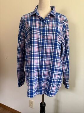Lands' End Women’s Blue Pink White Plaid Cotton Flannel Button Down Size 16